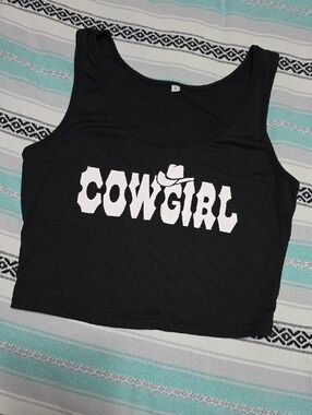 Cowgirl Graphic Ribbed Crop Tank Top - Black